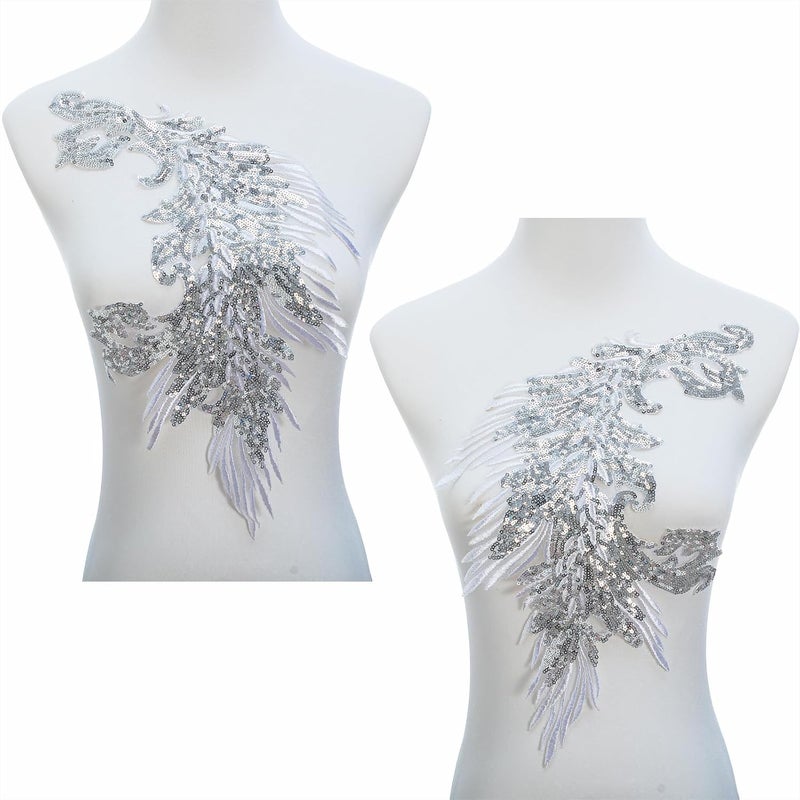 Silvora Pair Embroidery Phoenix Costume Sequin Appliques Patches, Peacock Feather Tail Applique Embellishments for Dance Dresses,Clothes,T-Shirt，Neckline Bodice Pants (Silver) - Image 2
